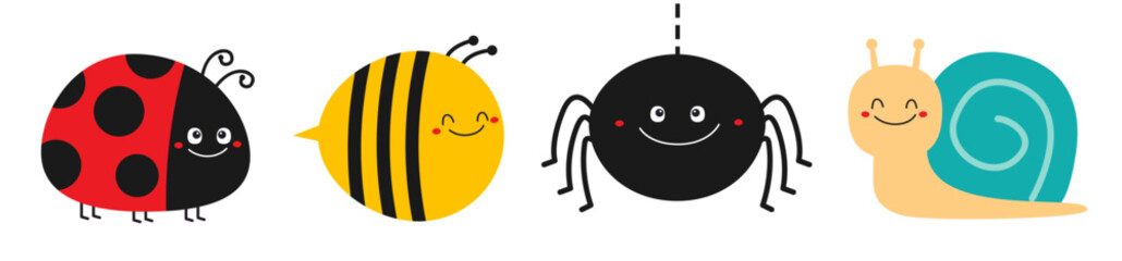 Bee bumblebee, snail cochlea, spider web, lady bug ladybird flying insect icon set line. Ladybug. Cute cartoon kawaii funny baby character. Happy Valentines Day. Flat design. White background. Vector