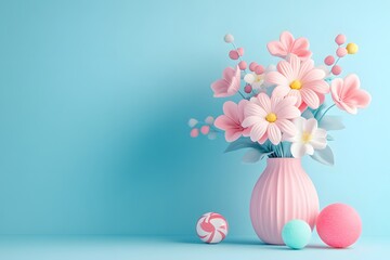 Tulips and daffodils in a white vase on a pink background, A beautiful spring bouquet

