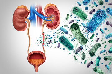 Urinary Tract Bacterial Infection or UTI anatomy caused by bacteria as E coli with the kidneys ureters bladder and the urethra as Urethritis Cystitis Pyelonephritis and Ureteritis.