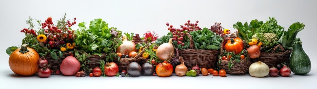 Vibrant harvest display featuring assorted vegetables and greens arranged in woven baskets, highlighting the bounty of a seasonal garden or farmers market.