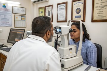 Fototapeta premium A male ophthalmologist checks the eyesight of a female patient