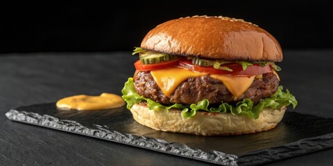 A juicy cheeseburger with lettuce, tomato, and pickle on a black slate plate, accompanied by a dollop of mustard