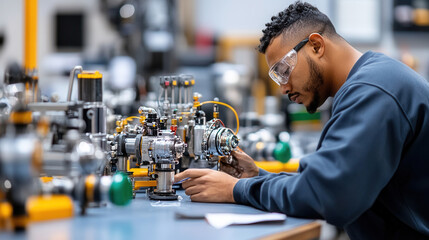 focused mechanic inspects inflators with precision and care in workshop. vibrant tools and equipment around him highlight his dedication to quality work