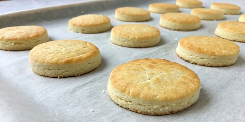 A close-up view of freshly baked golden brown biscuits on a parchment-lined baking sheet.