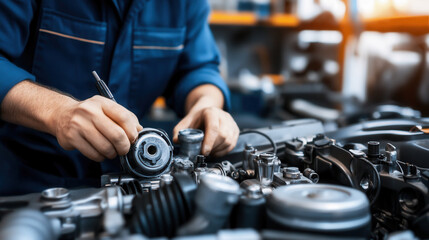 focused view of mechanic in navy blue uniform working on engine, showcasing precision and expertise in automotive repair