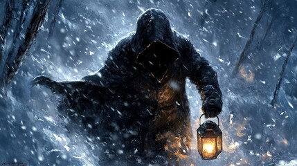 Enigmatic Hooded Figure Illuminated by Lantern on a Snowy Night in a Magical Realism Setting