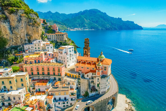 Atrani on Amalfi Coast, Italy. Aerial photo of famous city Atrani located on Amalfi Coast in Italy