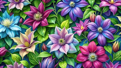 Fototapeta premium Lush, vibrant clematis blooms intertwine in a captivating floral pattern.