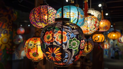 Fototapeta premium Artistic paper lantern adorned with hand-painted designs and motifs