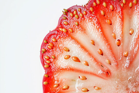 A close up of a strawberry with seeds on the inside