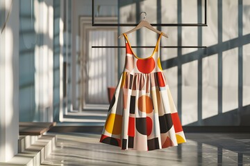 A sleeveless summer dress with bold, geometric patterns, hanging on a sleek metal rack in a minimalist room. 40k, full ultra hd, high resolution