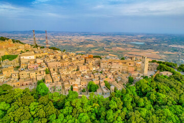 Obraz premium Aerial view of historic town of Erice near Trapani. Castello di Venere, Sicily, Italy.