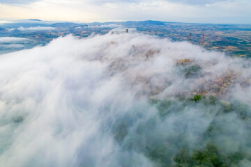 Aerial view of historic town of Erice near Trapani. Castello di Venere, Sicily, Italy.