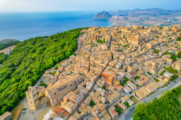 Aerial view of historic town of Erice near Trapani. Castello di Venere, Sicily, Italy.