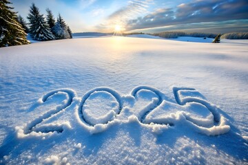 2025 written on snow in winter landscape. Spring season transition