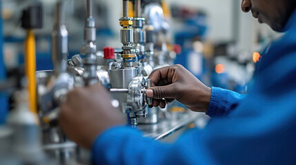 mechanic hands adjusting stainless steel equipment in workshop, showcasing precision and skill in technical environment