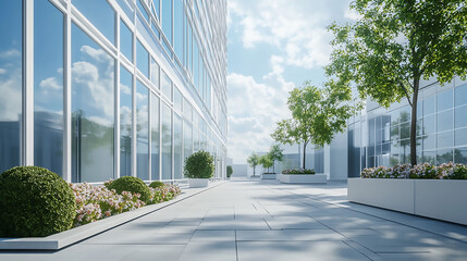 Empty floor near modern building Contemporary Glass Office Buildings on a Sunny Dayv Urban and modern architecture in the blue hour with geometry and structures


