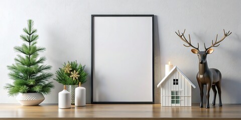 Minimalist Scandinavian Christmas decor with a charming deer and cozy little house.