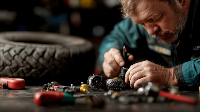 mechanic hands work meticulously on tire, surrounded by tools and parts, showcasing craftsmanship and focus