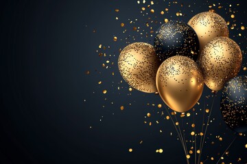 festival background with helium balloons. Greeting banner or poster with gold and black realistic 3d vector flying balloons. Happy birthday card.