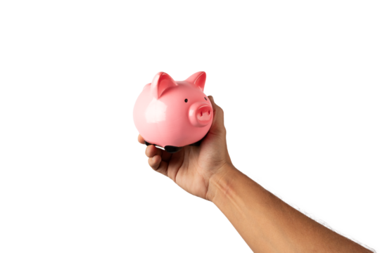 Male hand holding a piggy bank isolated no background cutout