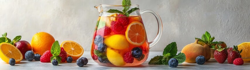 Refreshing fruit infusion pitcher filled with vibrant raspberries, blueberries, lemons, and mint, surrounded by assorted fresh fruits on a light background.