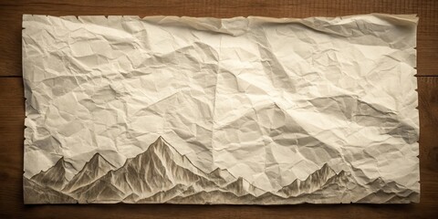 A Wrinkled Piece of Paper with a Sketch of Mountains at the Bottom, Laid Flat on a Wooden Surface