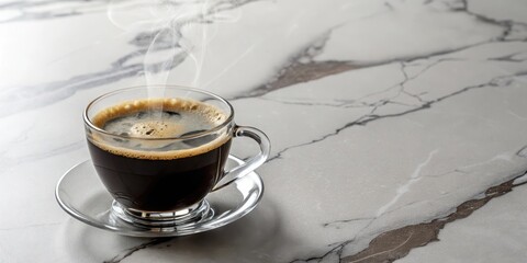A steaming cup of black coffee in a clear glass mug rests on a white marble countertop.