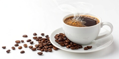 Fototapeta premium A steaming cup of coffee on a white saucer with scattered coffee beans around it.