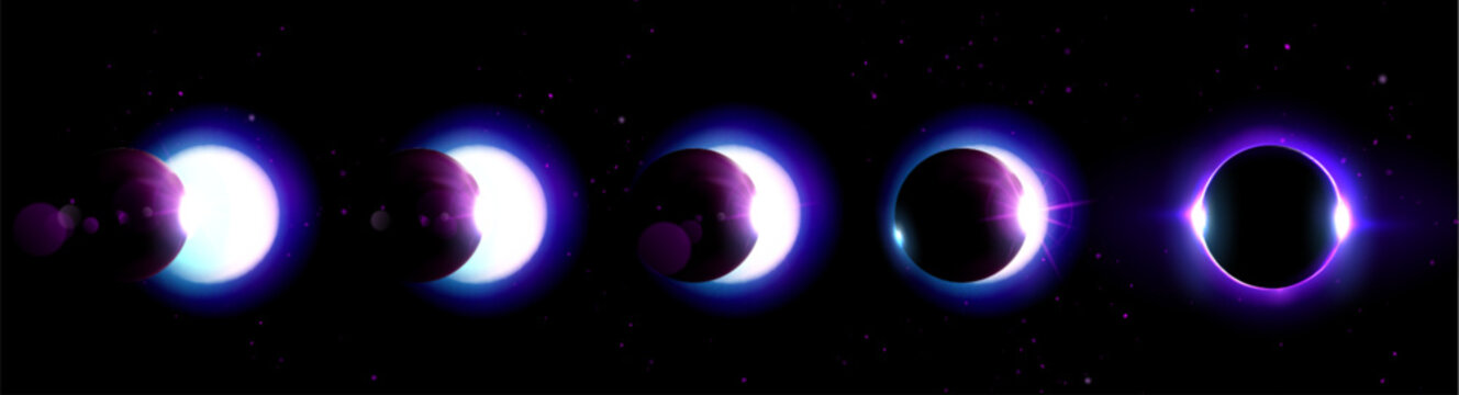 Moon phases gradually cover solar disc. Celestial eclipse progression on starlit background. Luminous sun creates glowing corona effect. Realistic 3d natural phenomenon in five sequential stages.