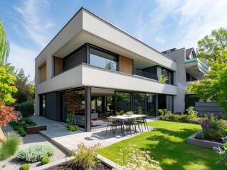 View of luxurious modern house exterior with dining space and garden.
