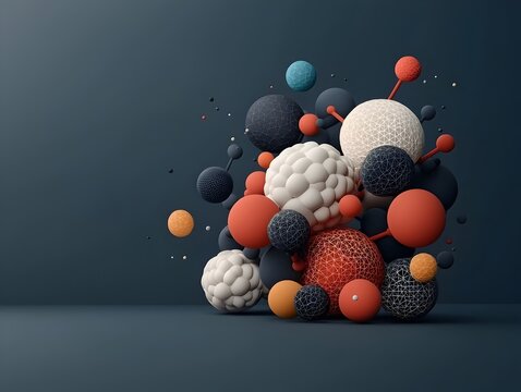 Abstract digital depicting a malleable geometric composition of spherical molecular entities with chromatic variations and stylized fractal formations
