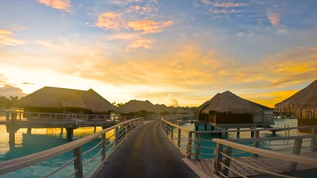 夕暮れにボラボラ島の水上コテージまでの桟橋を歩く