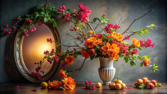 Nighttime Floral Reflection - Orange Campis and Raspberry Bougainvillea