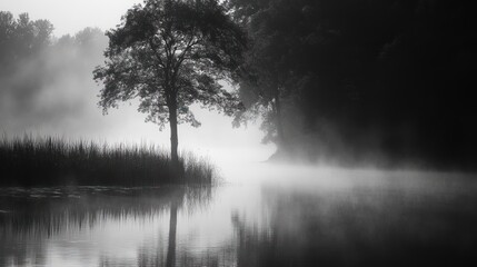 Fototapeta premium Foggy Morning Landscape with a Solitary Tree and Its Reflection in a Still Lake