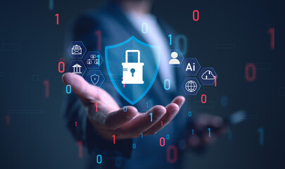 Man show Cybersecurity concept internet technology for data protection, virus protection from...