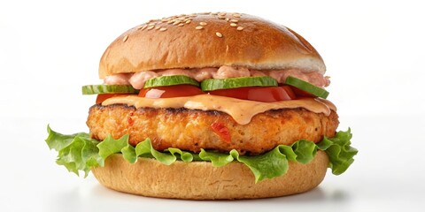 A fresh, juicy burger with a crispy patty, topped with lettuce, tomato, cucumber and a creamy sauce.