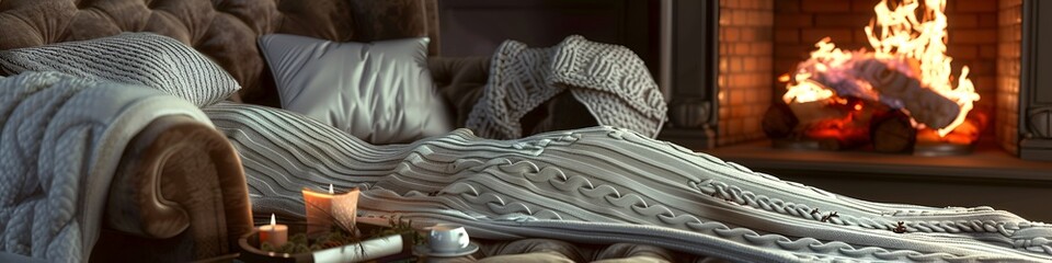 A warm, cable-knit winter dress in soft grey, resting on a plush armchair near a roaring fireplace. 40k, full ultra hd, high resolution