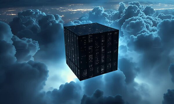 
A cube-shaped building floating in the sky, surrounded by clouds and night lights, with dark tones and high contrast, featuring a surreal sci-fi style
