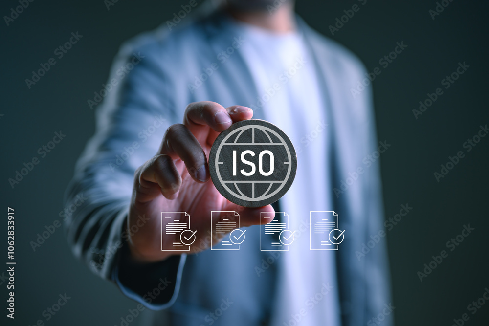 Poster iso standards quality control, assurance and warranty business technology concept. showing on screen