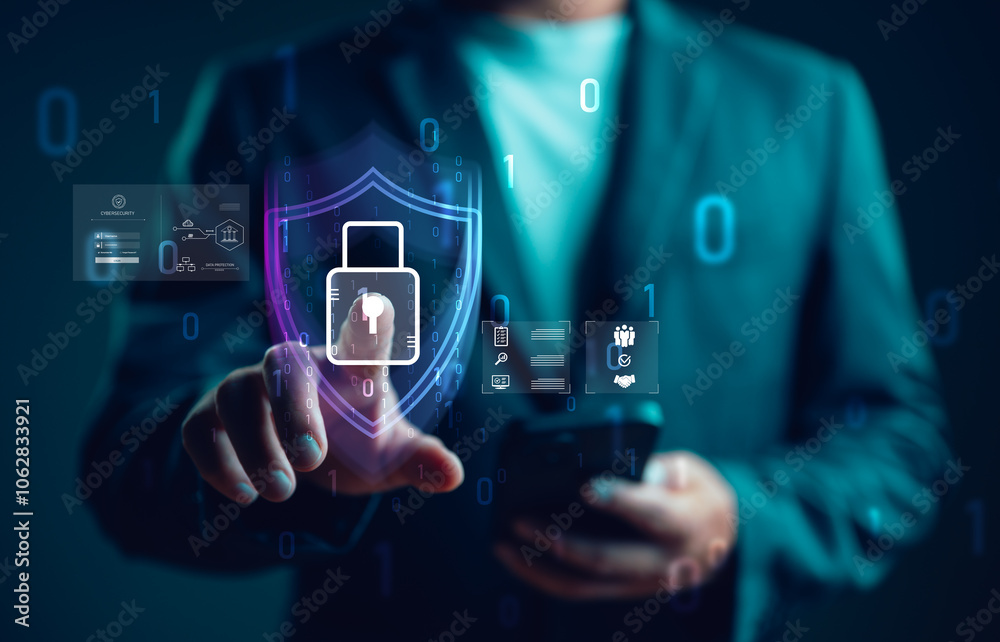 Poster Man show Cybersecurity concept internet technology for data protection, virus protection from online cyberattacks, businessman protect personal data on device and virtual interface, data privacy.