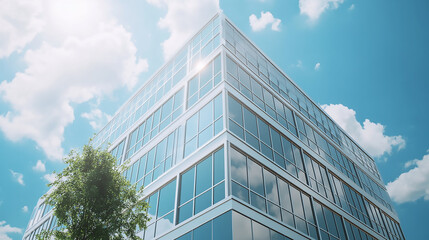 Fototapeta premium A Model for Ecofriendly Development and Reduced Carbon Emissions Serene Urban Majesty - Minimalistic Skyscraper Silhouette Gracefully Soaring Against Blue Sky 
