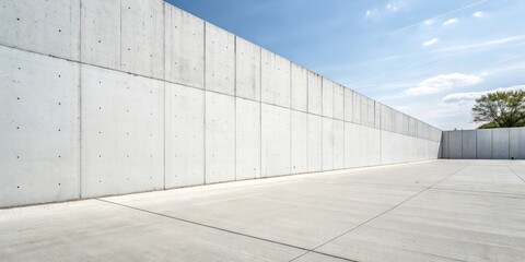 Obraz premium A Minimalist Concrete Wall with a Clean and Simple Design, a Spacious Expanse of Empty Concrete Ground, and a Clear Blue Sky Above