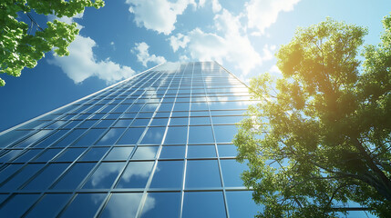 High-tech skyscraper with integrated solar panels and vertical wind turbines, green architecture, sustainable urban development Green Modern Glass Office Building. Concept of Sustainability and Eco F
