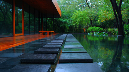 Serene Tranquility: A pathway of stepping stones leads to a tranquil reflecting pool, surrounded by lush greenery and a modern architectural masterpiece. The scene evokes a sense of peace and harmony.