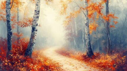A Path Through a Misty Autumn Forest with Birch Trees