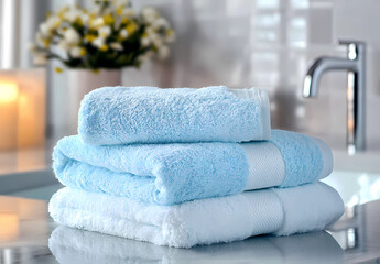  A stack of three light blue towels on top and one white towel underneath, placed in front of the sink with soft lighting. 