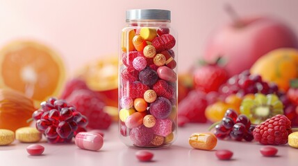 capsule with small pills, fresh fruits and vegetables.