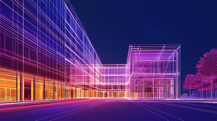 Asphalt road and modern city A digital illustration of a leased line internet connection between two modern buildings. 3D digital model of a modern building


