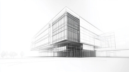 Modern architectural design of a sleek glass office building, emphasizing futuristic lines and contemporary urban aesthetics. Detailed architectural drawing with annotations and measurements.

